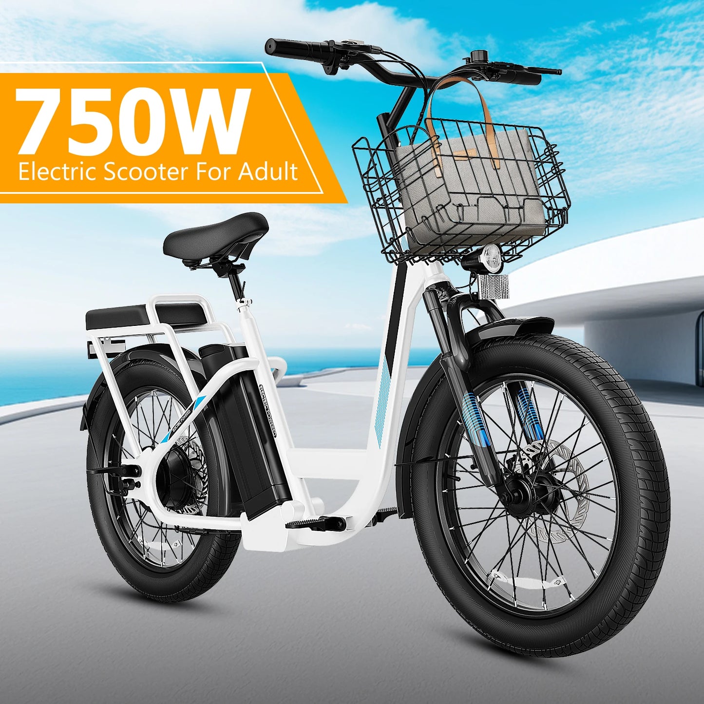 1200W Electric Scooter with Seat, 20" Fat Tire Electric Bike, 48V Battery, 30 Miles & 20MPH, Basket & Adjustable Seat