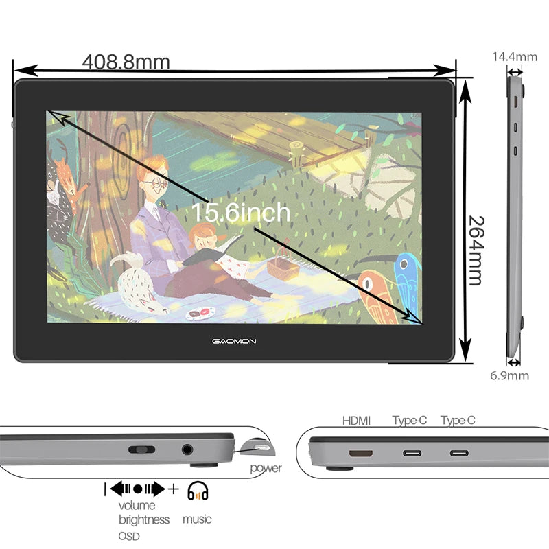 GAOMON PD1621 Graphics Tablet Monitor 15.6 Inch Drawing Display 4K IPS Touch Screen With Leather Stand