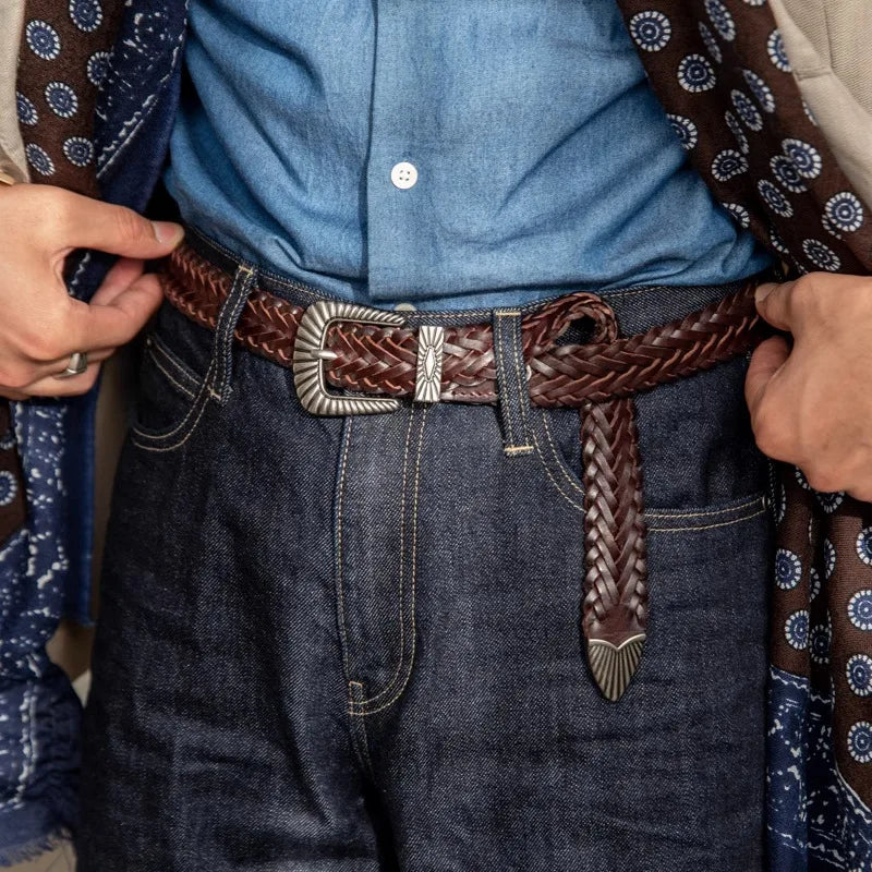 "Vintage Amekaji Leather Belt Set - Handwoven Vegetable Tanned Top-Grain Cowhide Retro Belts for Men American Casual Style"