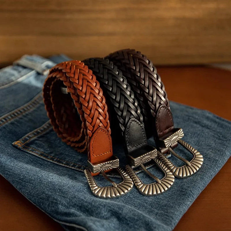 "Vintage Amekaji Leather Belt Set - Handwoven Vegetable Tanned Top-Grain Cowhide Retro Belts for Men American Casual Style"