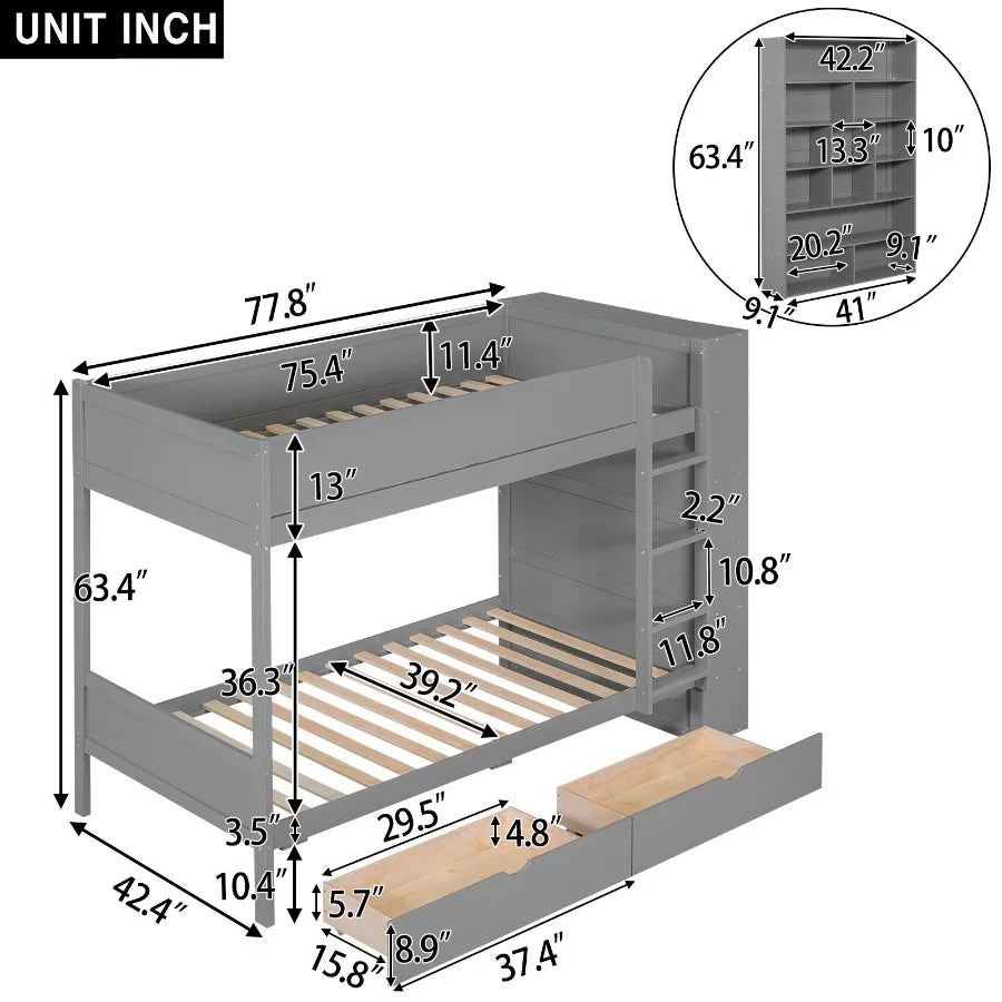Twin over Twin Bunk Bed With 2 Drawers and Multi-layer Cabinet Gray