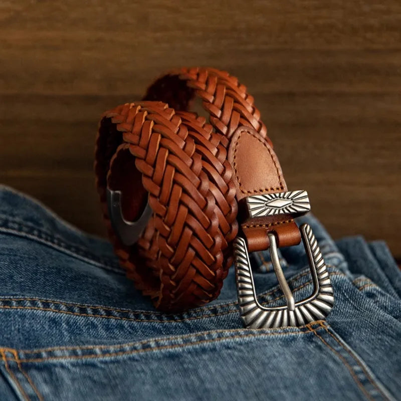 "Vintage Amekaji Leather Belt Set - Handwoven Vegetable Tanned Top-Grain Cowhide Retro Belts for Men American Casual Style"