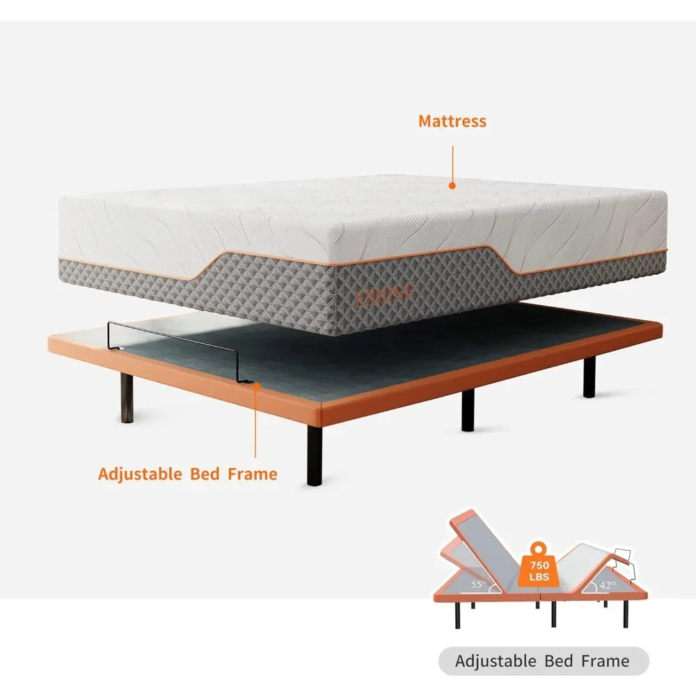 Adjustable Queen Bed Frame - 14" Luxury Gel Memory Foam Hybrid Mattress, 609 Pocket Springs, Massage Function