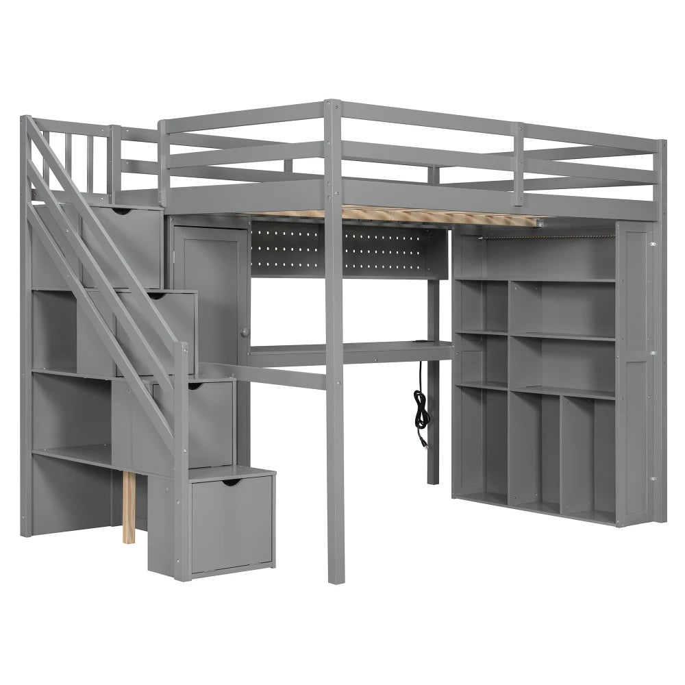 Full Loft Bed Frame with Built-In Wardrobe, Study Desk, Storage Shelves & Lights, Space-Saving Design for Bedroom-GREY