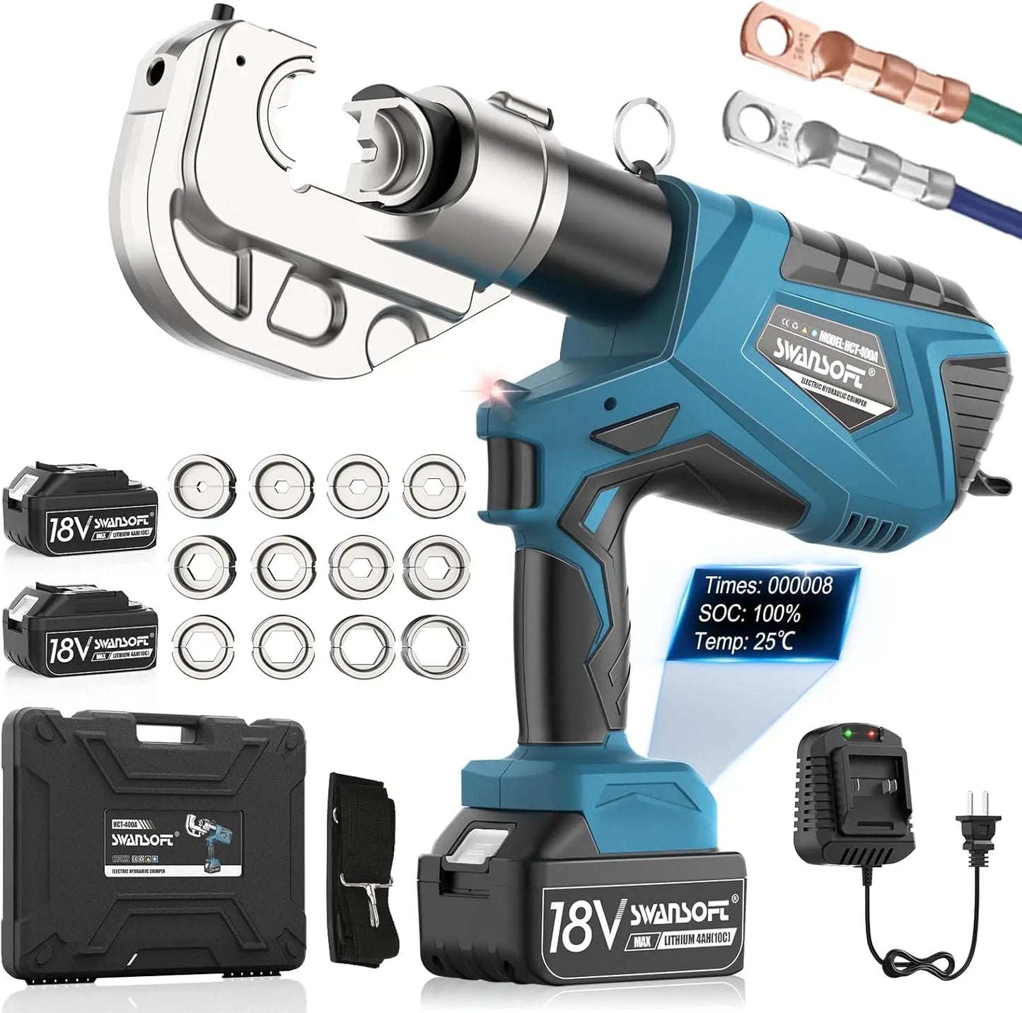SWANSOFT 400A 12Ton Electric Hydraulic Crimping Tool 6AWG-800MCM Crimper Continuous Crimp for Cu/Al Terminal with 12 Dies