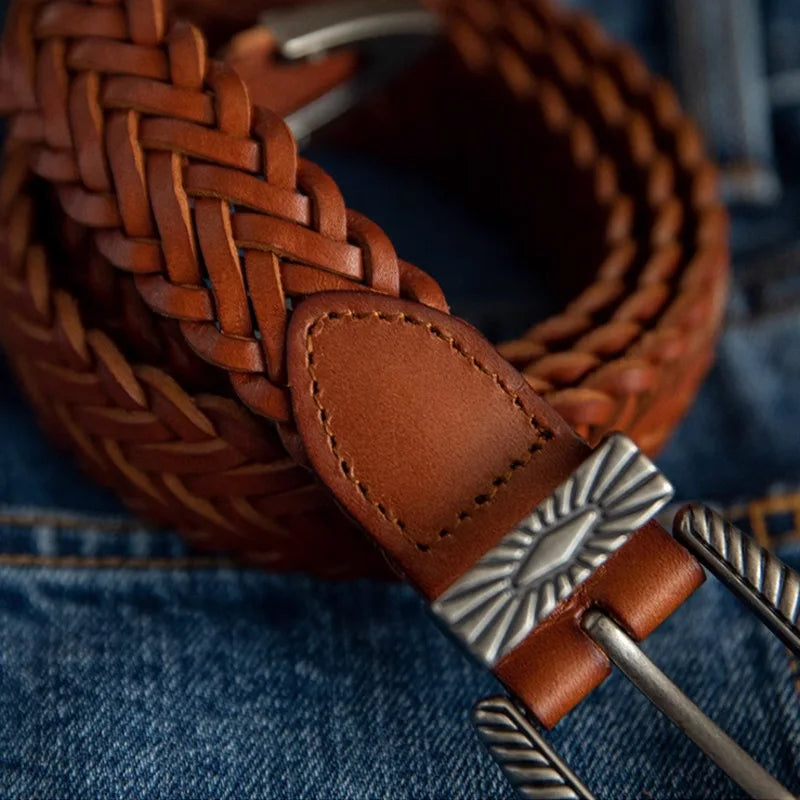 "Vintage Amekaji Leather Belt Set - Handwoven Vegetable Tanned Top-Grain Cowhide Retro Belts for Men American Casual Style"