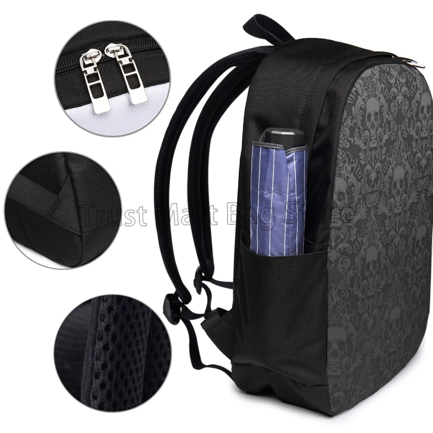 Goth Gothic Black Skull Damask Pattern Laptop Backpack 17 Inch Durable Lightweight Casual Travel Daypack with USB Charging Port