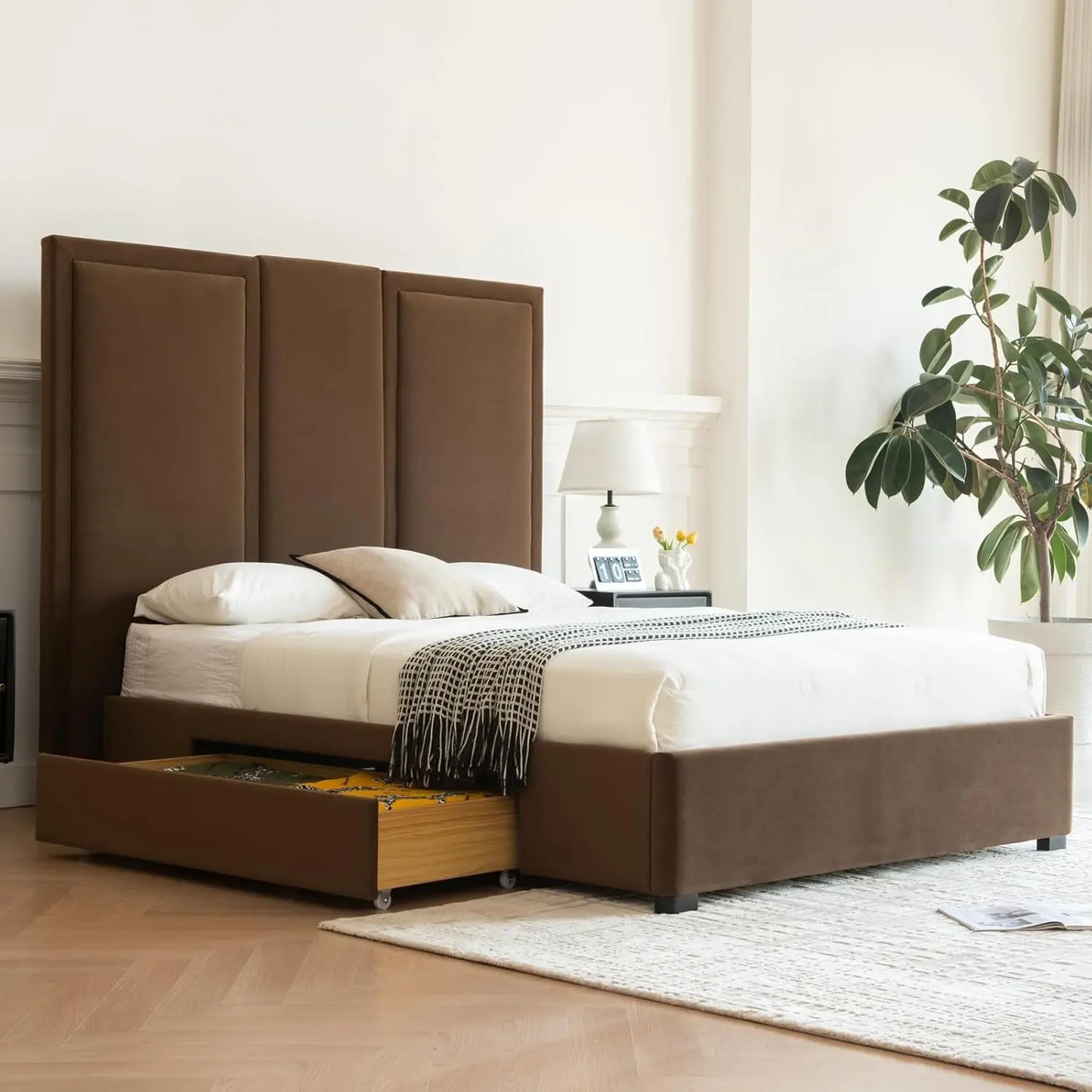 Queen Upholstered Platform Bed Frame with 64in High Headboard Storage Drawers Wood Slat Support No Noise Ink Blue Customized