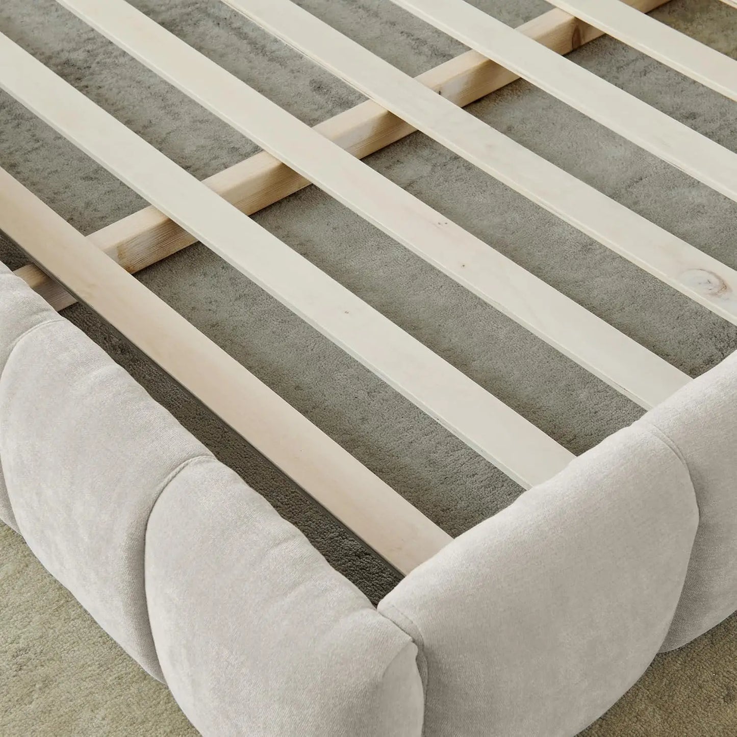 Modern Grounded Chenille Bed Frame, Low Profile Upholstered Platform Bed with Inset Design, No Box Spring Needed, Quiet & Sturdy