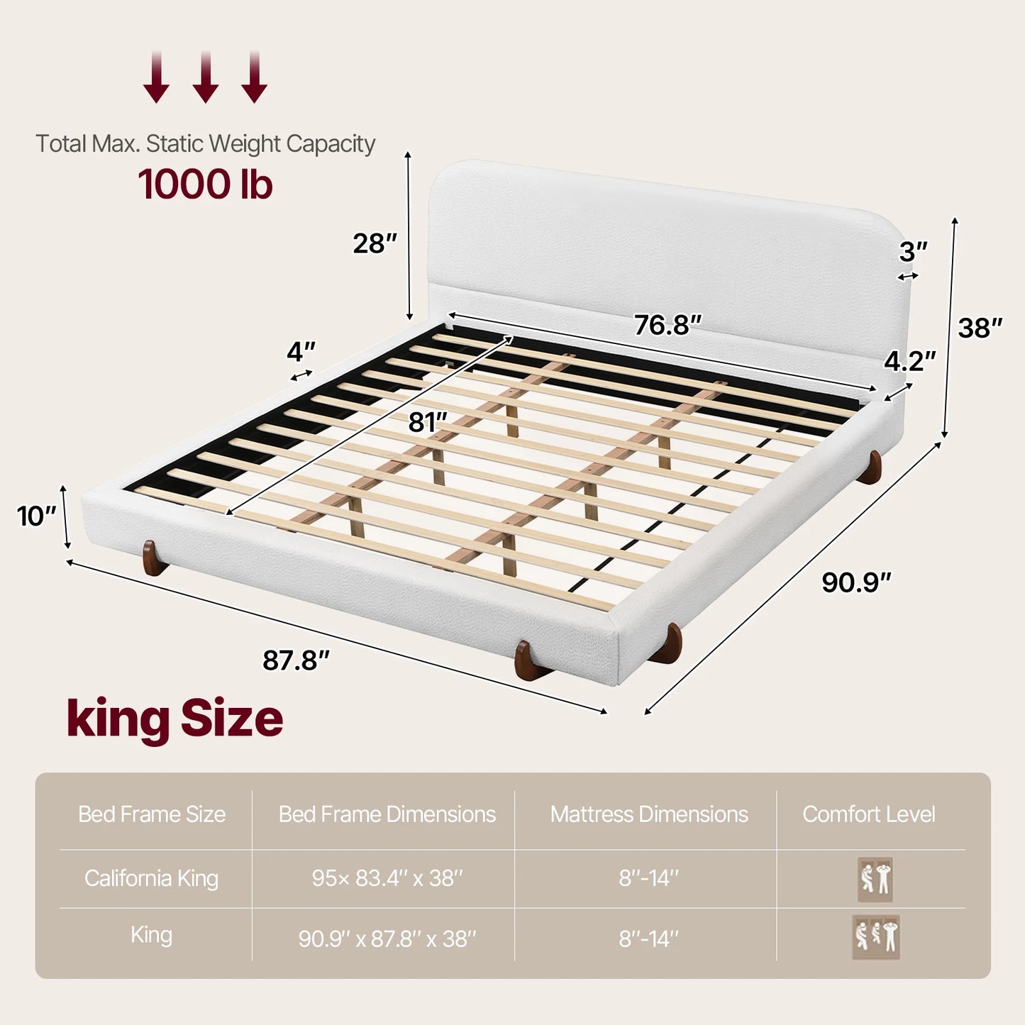King Size Cloud Bed Frame, White Upholstered Platform Bed Frame with Soft Headboard, Wood Solid Legs, No B,Easy Assembly