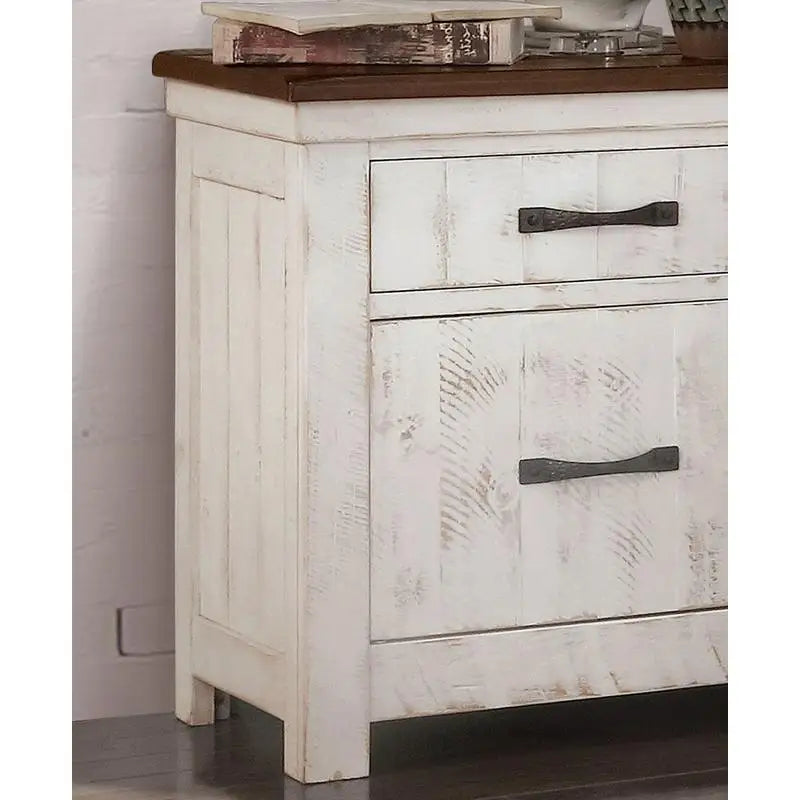Transitional Style Distressed White Nightstand with Brass Arch Pull, 2-Drawer Bedside Table, Solid Wood Bedroom Furniture