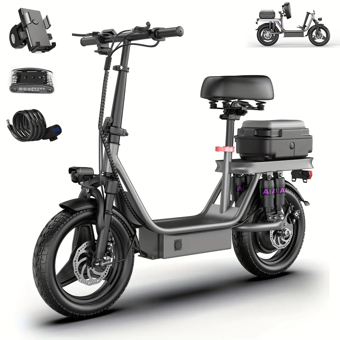 Rated Power 500w (peak 740w)Adult Electric Scooter And Electric Bike, With Seat, 48V 10-15Ah Lithium Battery, Range Up To 10-35