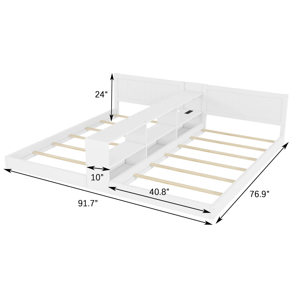 Double Twin Size Bed Frame with Storage,Twin Floor Bed with Light & Charging Station, Convertible 2 Twin Beds for 2 Kids,White