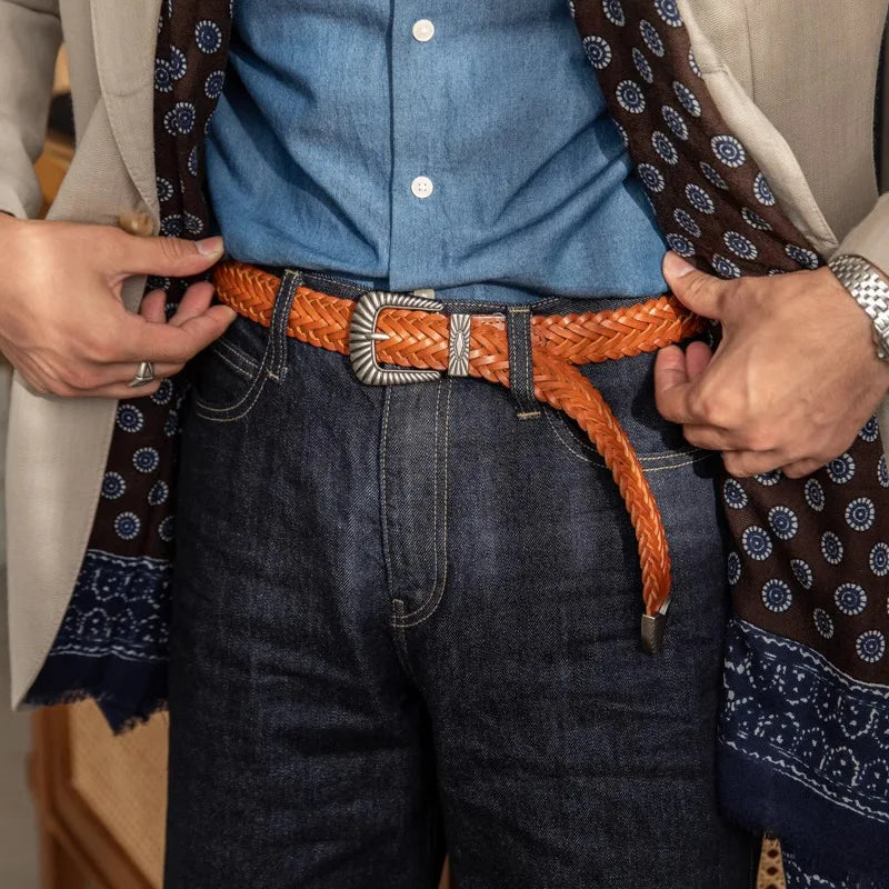 "Vintage Amekaji Leather Belt Set - Handwoven Vegetable Tanned Top-Grain Cowhide Retro Belts for Men American Casual Style"