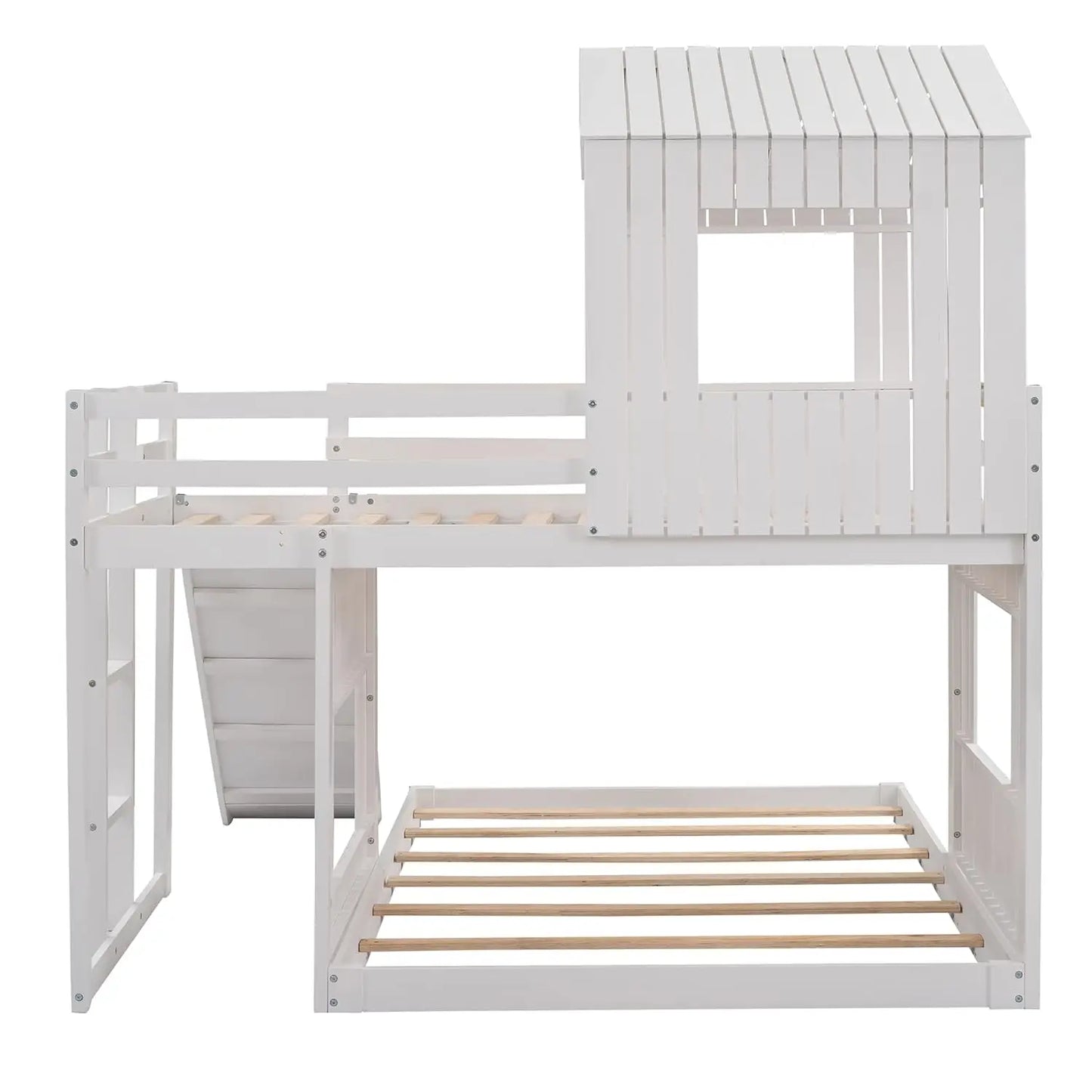 Wooden Twin Over Full Bunk Bed with Slide, Loft Bed Frame with Playhouse, Farmhouse, Ladder and Guardrails for, Customized