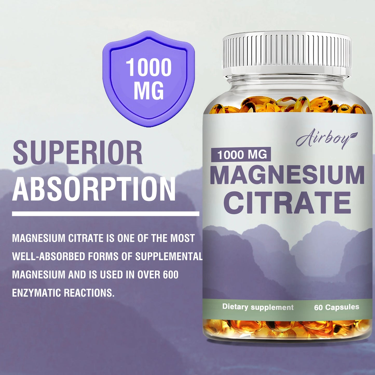 Magnesium Citrate 1000mg - Dietary Supplement for Muscle, Nerve, Bone and Heart Support - 60 Capsules