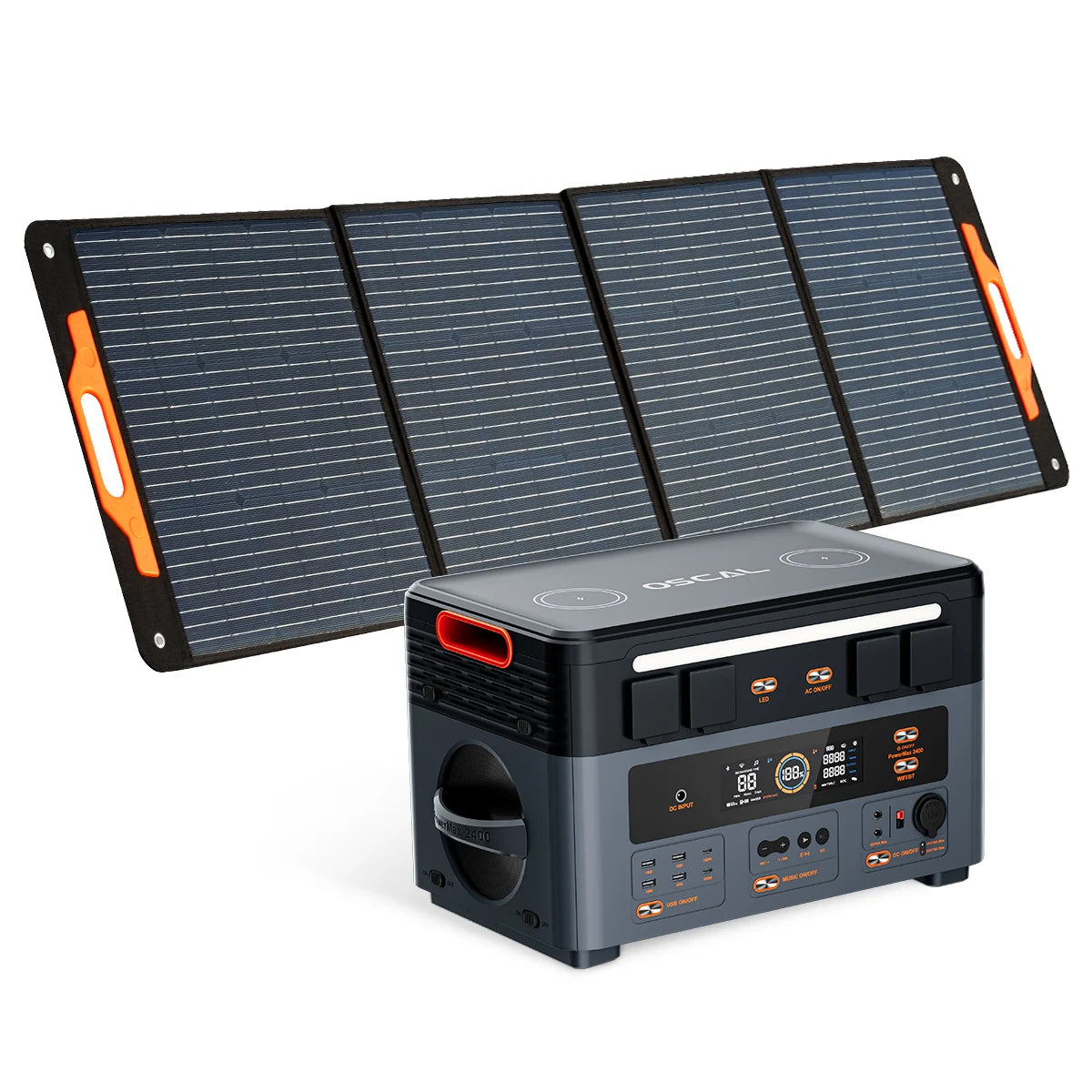 OSCAL PowerMax 2400 Portable Power Station 2400W, Solar Generator with Speakers, 16 Output, 2 Wireless Pad+ DP 100W,RV Camping