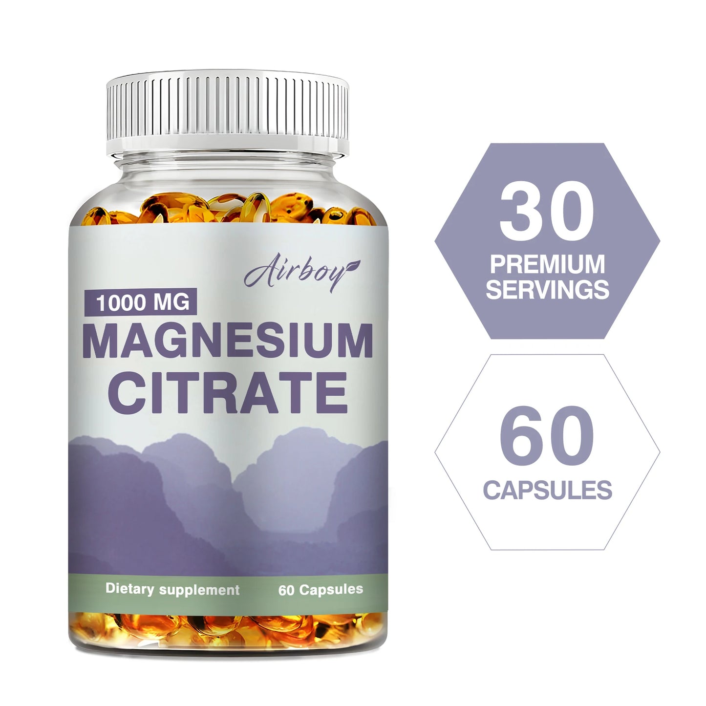 Magnesium Citrate 1000mg - Dietary Supplement for Muscle, Nerve, Bone and Heart Support - 60 Capsules
