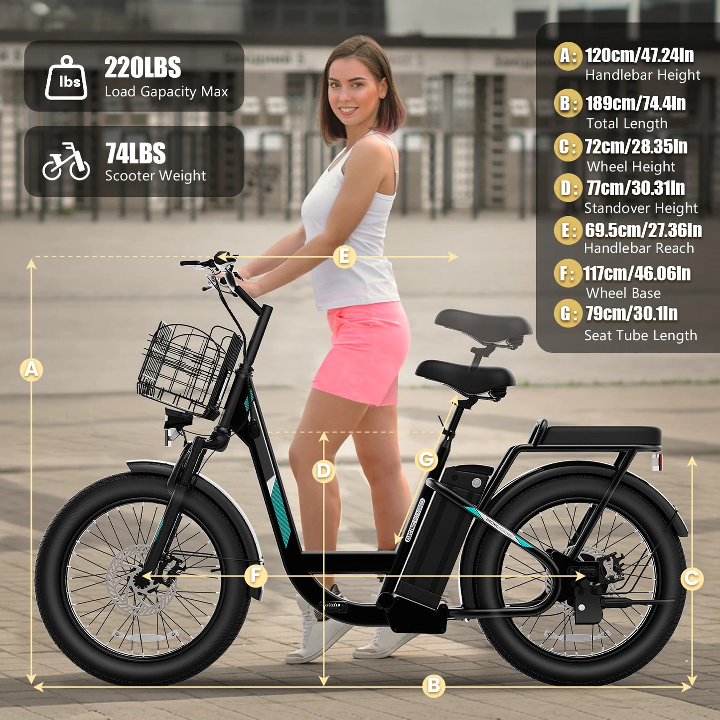 1200W Electric Scooter with Seat, 20" Fat Tire Electric Bike, 48V Battery, 30 Miles & 20MPH, Basket & Adjustable Seat