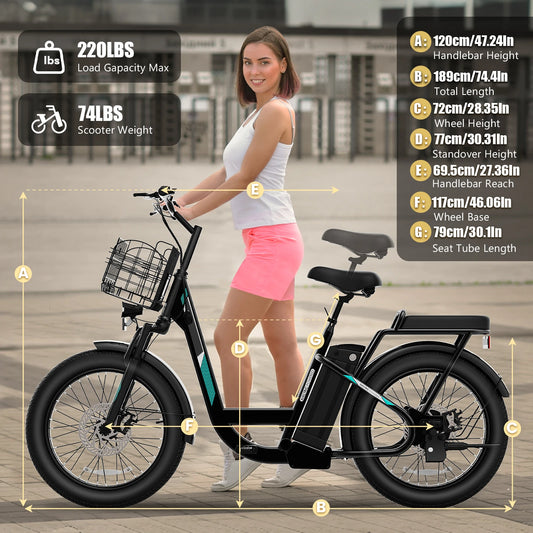 1200W Electric Scooter with Seat, 20" Fat Tire Electric Bike, 48V Battery, 30 Miles & 20MPH, Basket & Adjustable Seat