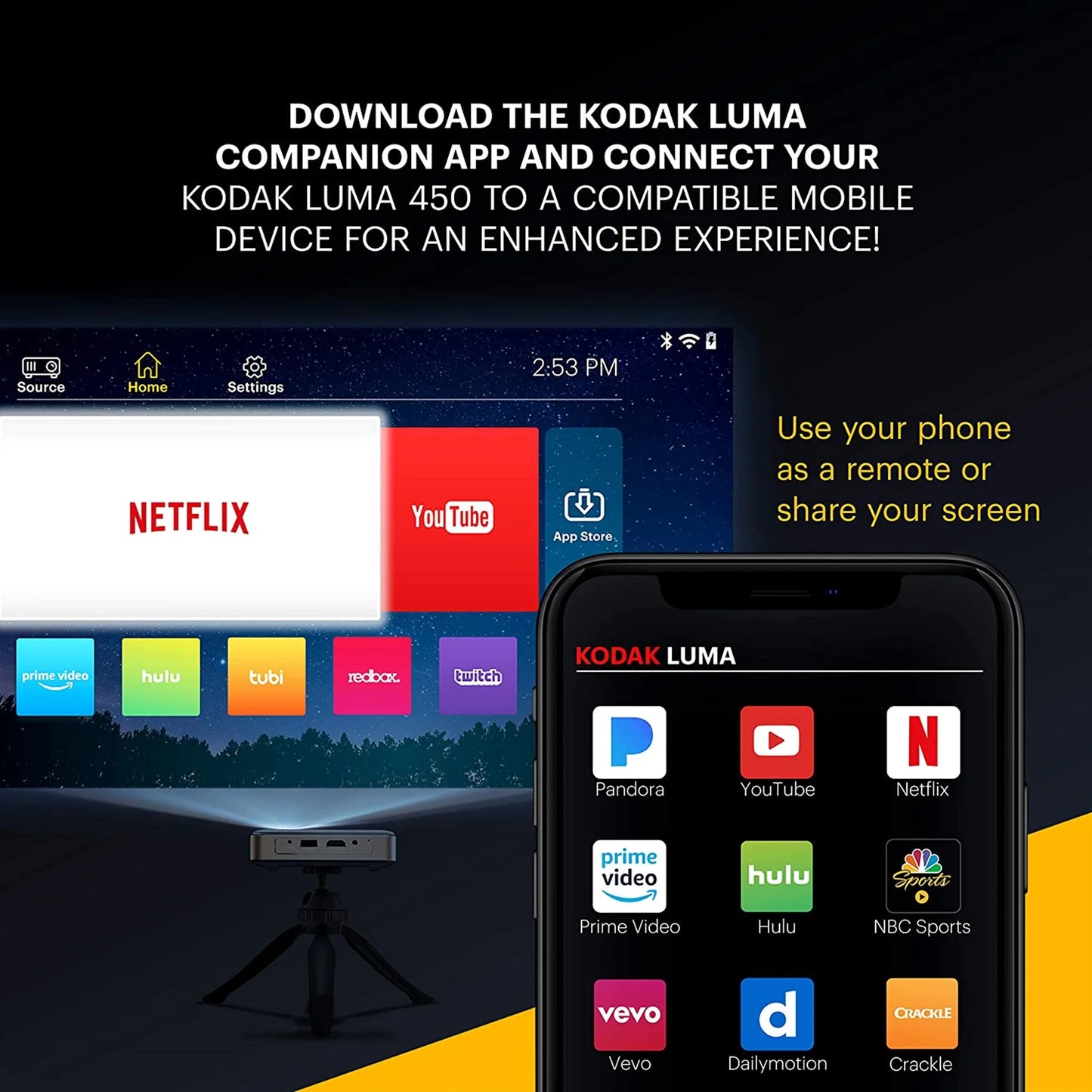 Kodak Luma 450 Smart Projector, 1080p Portable Projector with Wifi and Bluetooth, Tripod Included