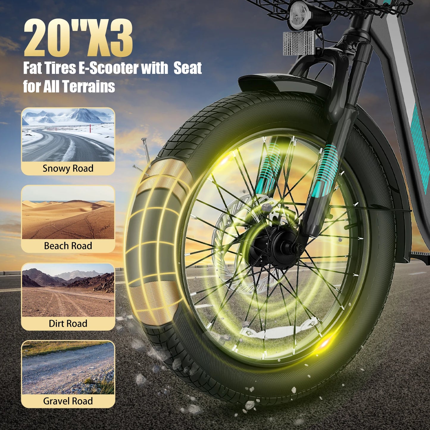 1200W Electric Scooter with Seat, 20" Fat Tire Electric Bike, 48V Battery, 30 Miles & 20MPH, Basket & Adjustable Seat