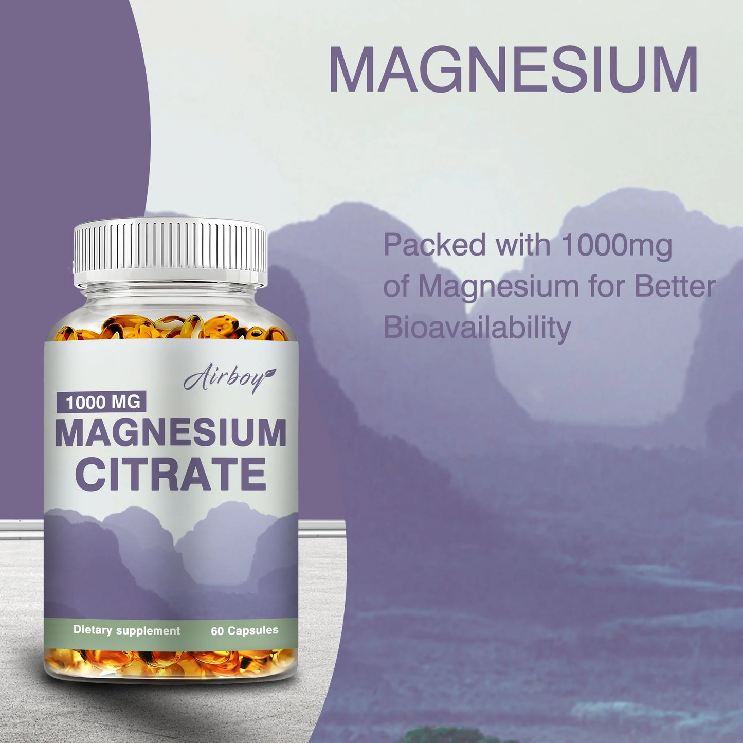 Magnesium Citrate 1000mg - Dietary Supplement for Muscle, Nerve, Bone and Heart Support - 60 Capsules