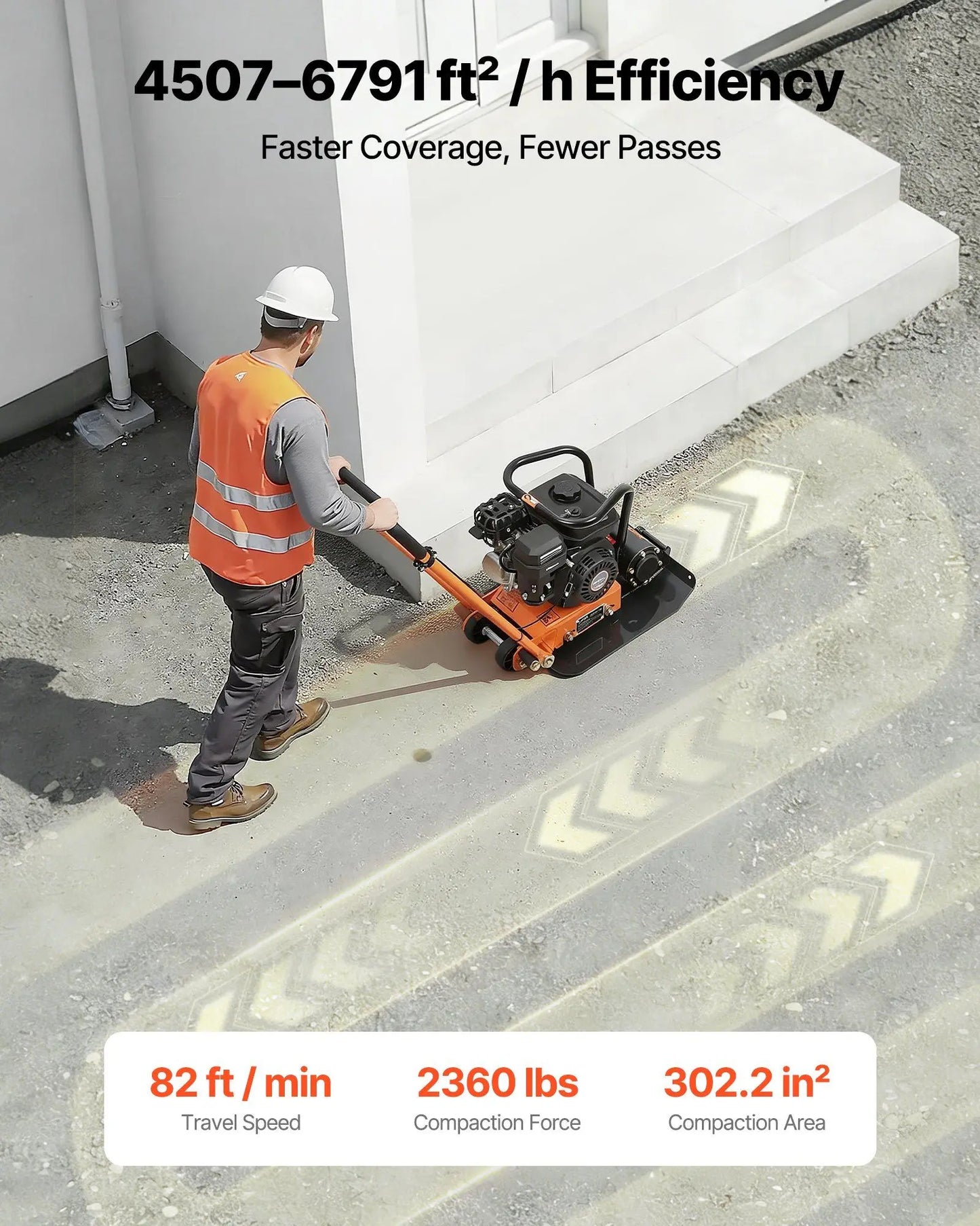 Plate Compactor, 6.5 HP 196CC Gas Engine, 5600 VPM Vibrating Ground Rammer, 2360 lbs Compaction Force, 20.1 x 15 in Plate, Walk