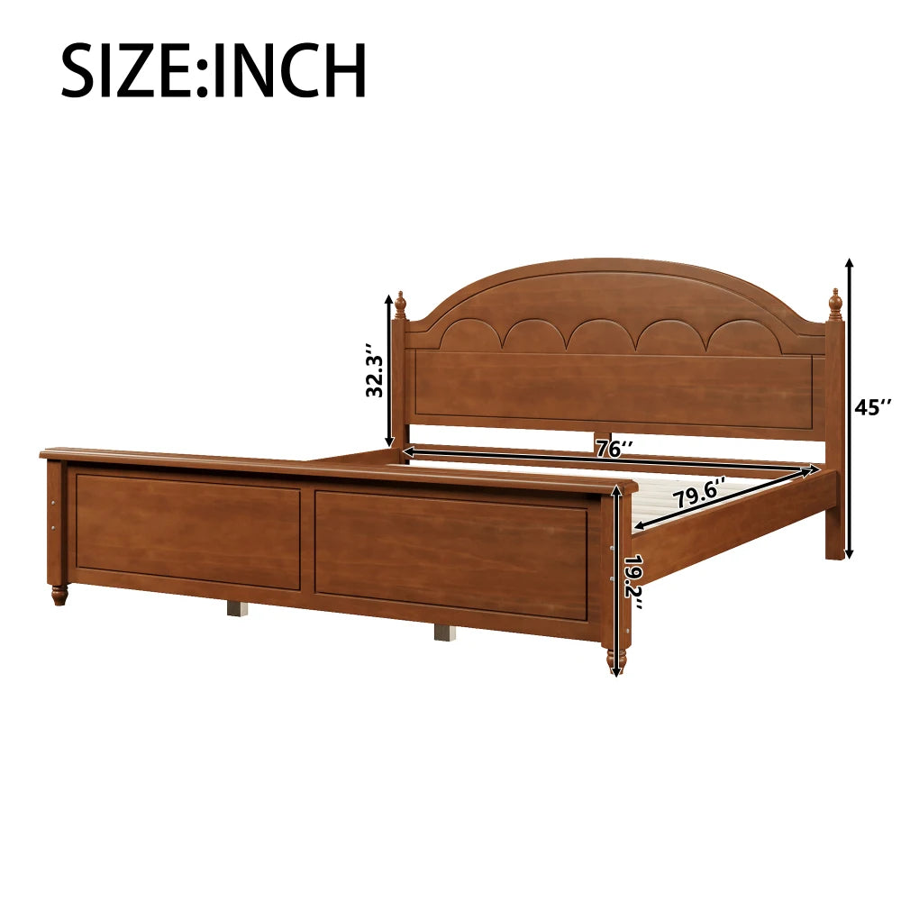 King size Wooden Bed Frame with Arched Headboard and Classic Design,Oak