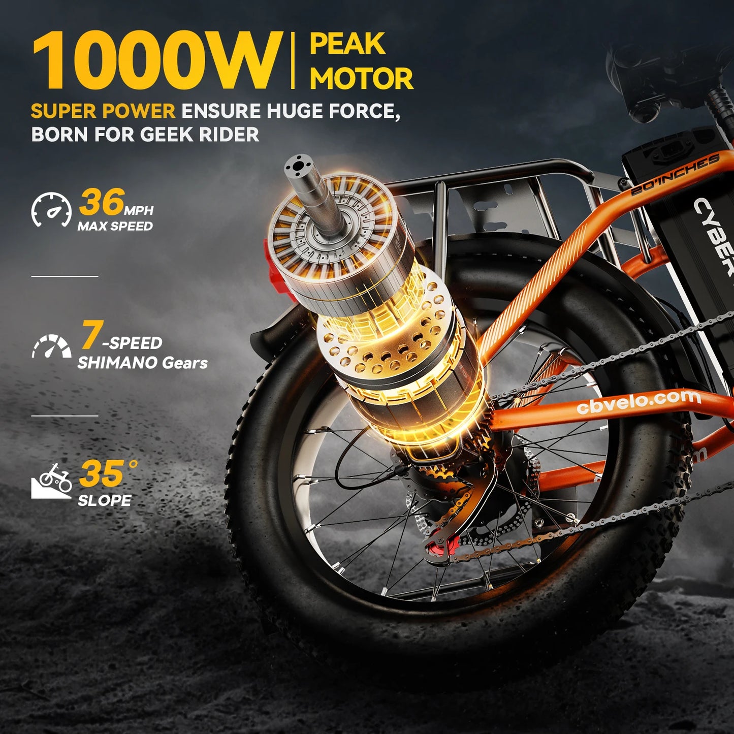 1000W Peak Folding Eletric Bike, 48V 20ah Detachable Battery, 7-Speed Urban Commuter, 20" fat tire Camping Long Range E-Bike EK4