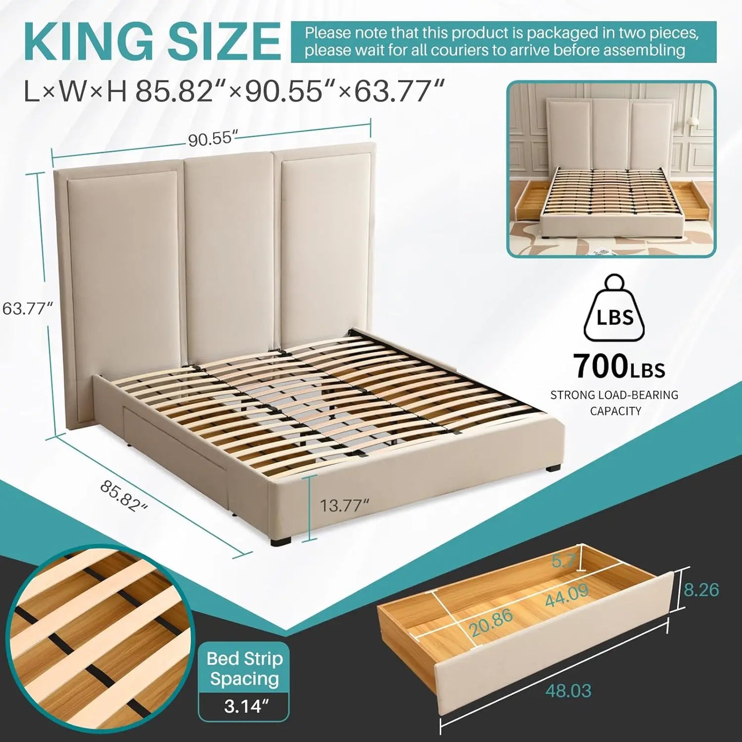 King Size Upholstered Platform Bed Frame with High Headboard Storage Drawers Wood Slat Support No Noise, Customized