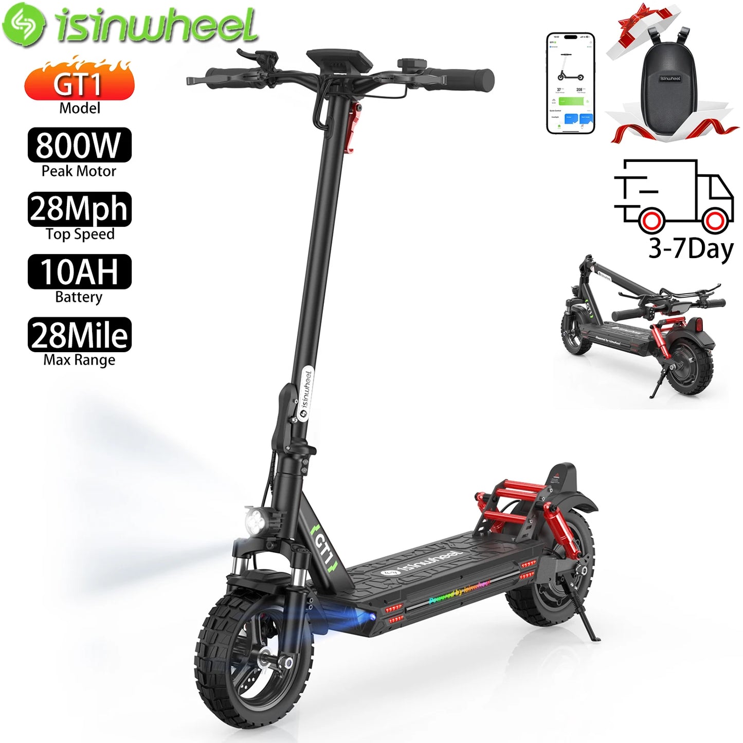 Electric Scooter For Adult Isinwheel 10" With 800W Motor Top Speed 28Mph E-Scooter APP Connection 10AH Range 28Miles Load 330Ibs