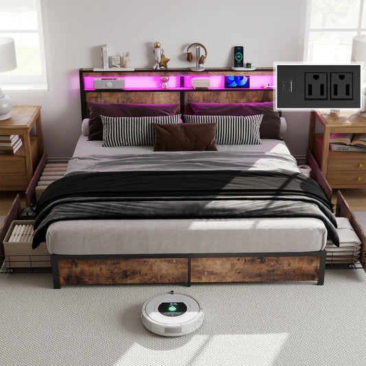 King Size Bed Frame with Storage Headboard, RGB LED Light & USB Charging Station - Vintage Brown, Noise-Free
