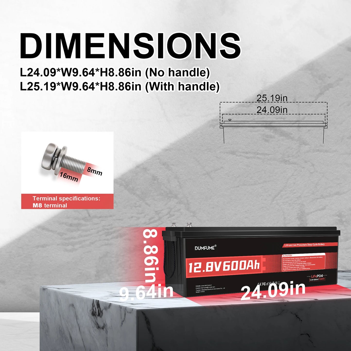 Dumfume 12V 600Ah LiFePO4 Battery Built-in 200A BMS Rechargeable Deep Cycle Lithium Iron Phosphate Battery for Solar RV Marine