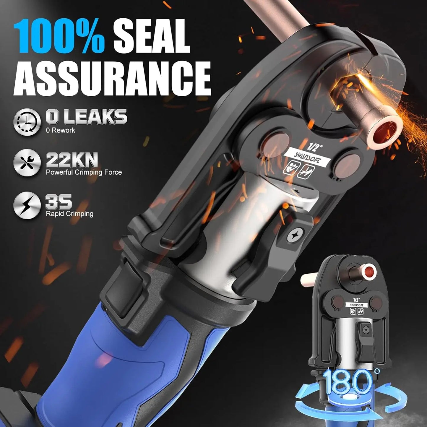 SWANSOFT ProPress Tool,18V 4Ah Battery Electric Hydraulic Crimping Tool for Copper Pipes with 3 Jaws 1/2",3/4",1"for Plumbing