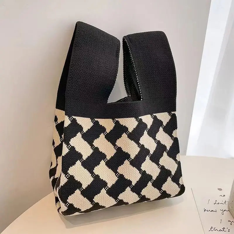 Women'S Knot Wrist Bag Tote Handmade Knitted Bag Portable Mini Striped Bucket Phone Bags Large Capacity Spring Summer Handbags