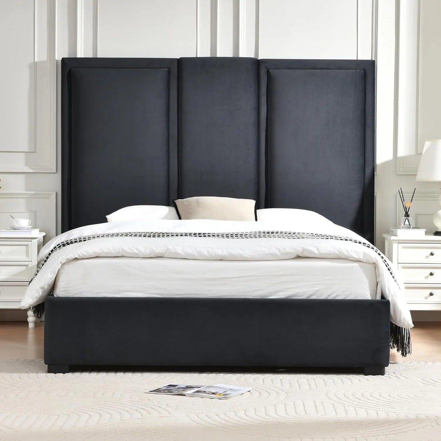 Queen Upholstered Platform Bed Frame with 64in High Headboard Storage Drawers Wood Slat Support No Noise Ink Blue Customized