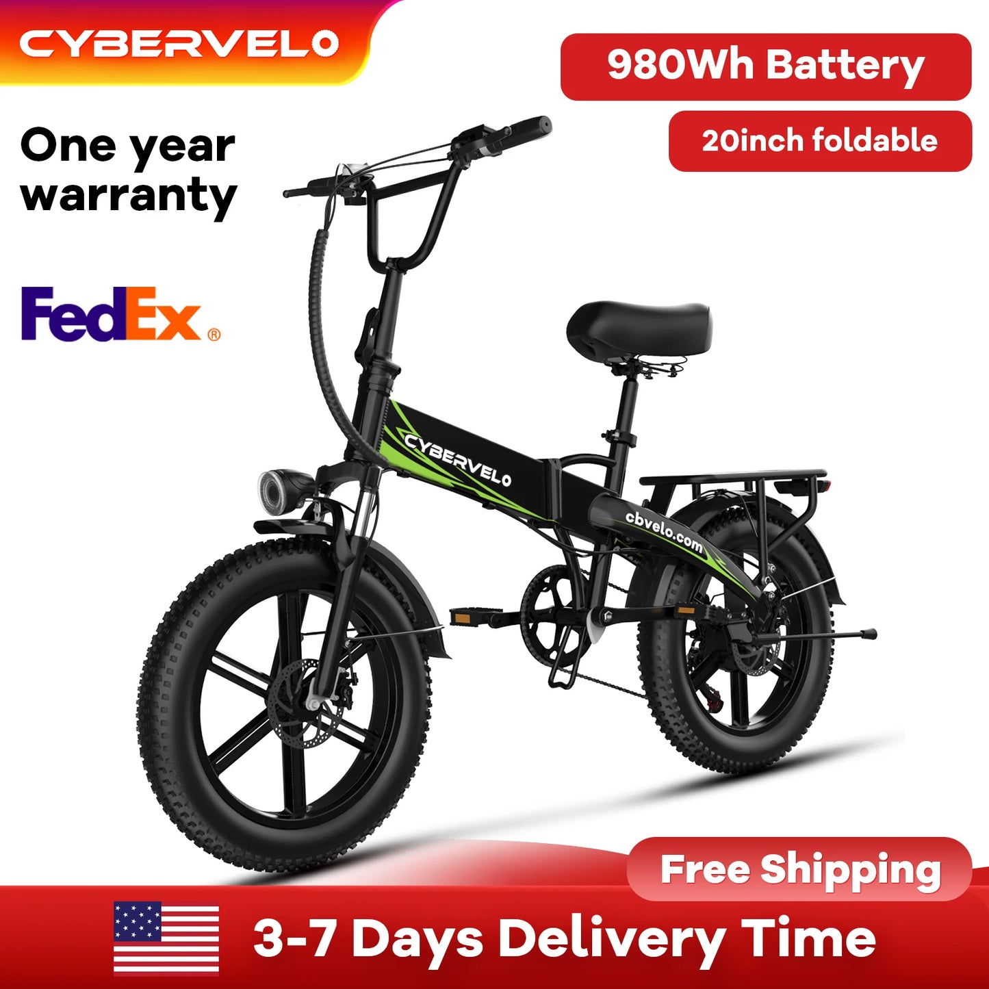 20“ Foldable Ebike for Adult, 1000w Peak 16ah Built-in Battery, Fat tire AL-Frame Commuter, 7-Speed Long Range Electric Bike