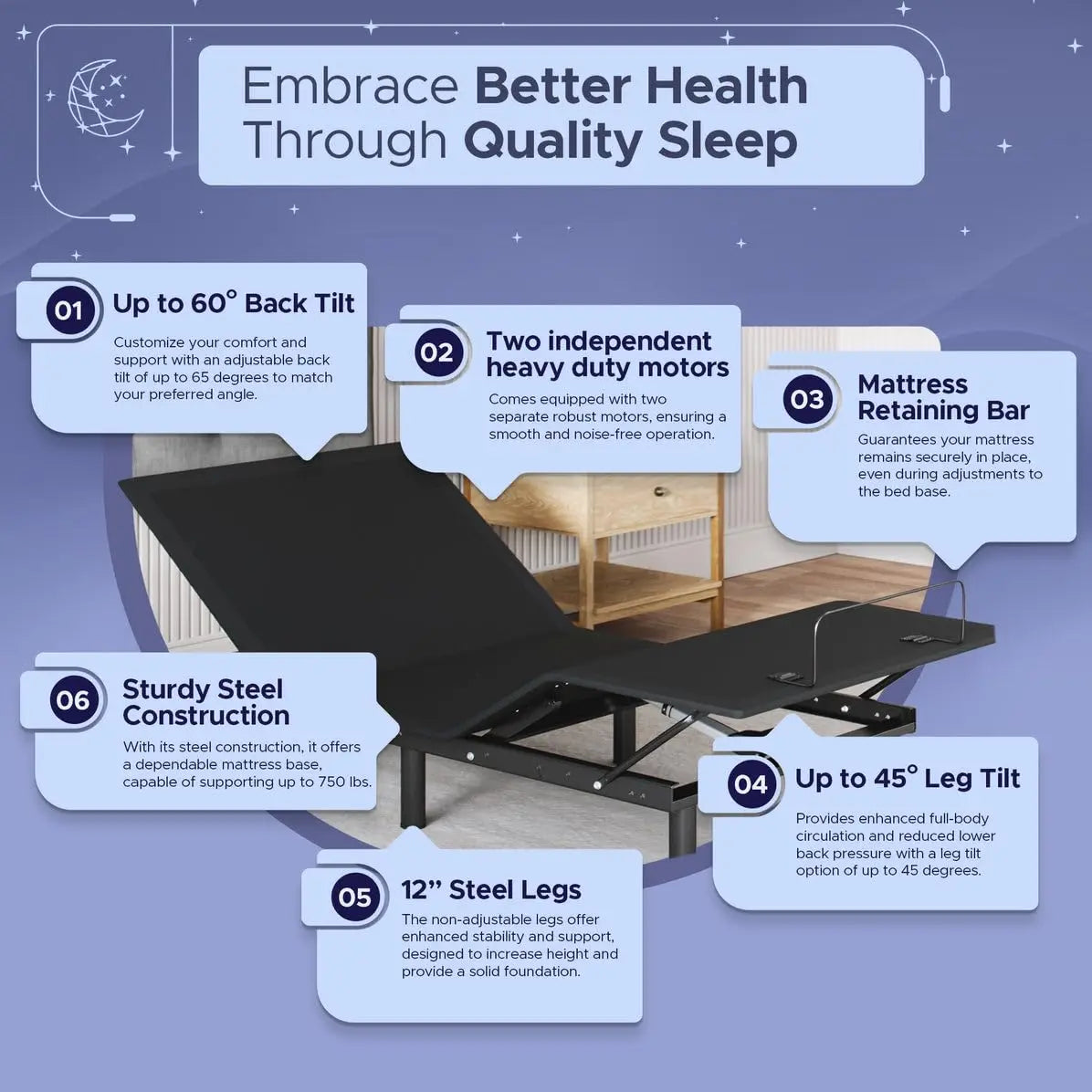 Celestial Aurora Adjustable Bed Base (Frame) + Gel Memory Foam Mattress (Firm), Easy Assembly, Head and Foot, Customized