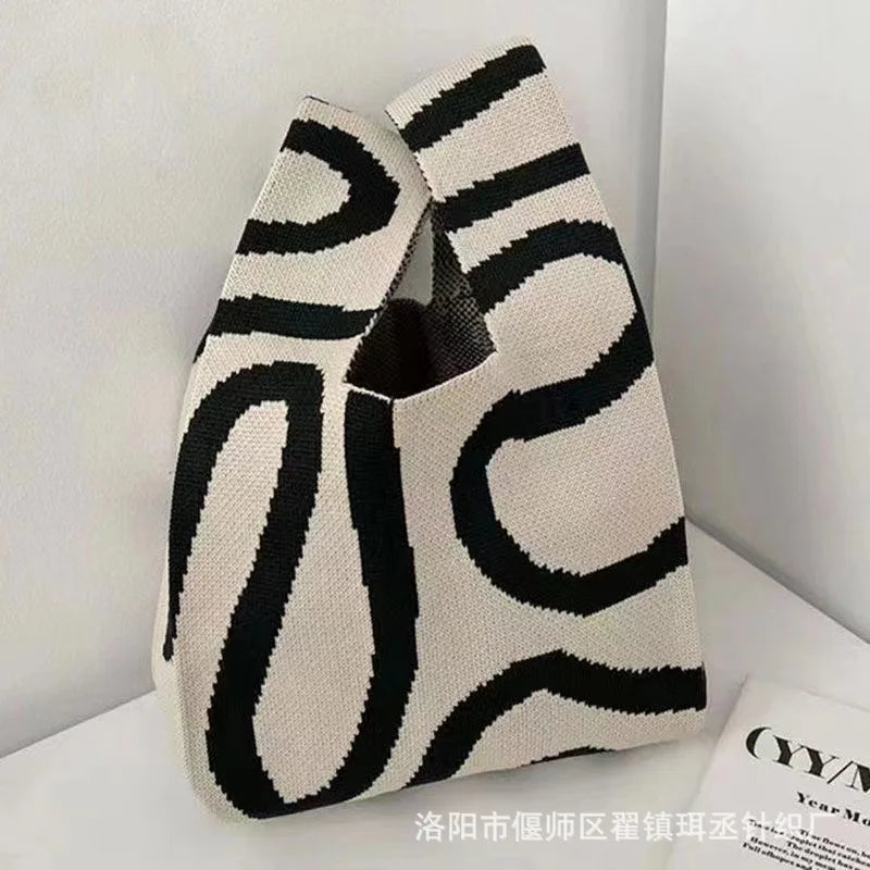 Women'S Knot Wrist Bag Tote Handmade Knitted Bag Portable Mini Striped Bucket Phone Bags Large Capacity Spring Summer Handbags