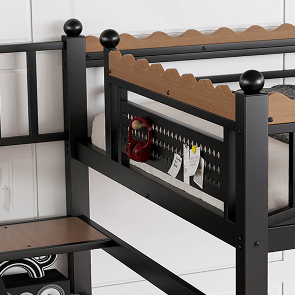 Full Size Loft Bed with Storage Stairs, Metal Loft Beds Frame with Storage Shelves and bookshelf,Black