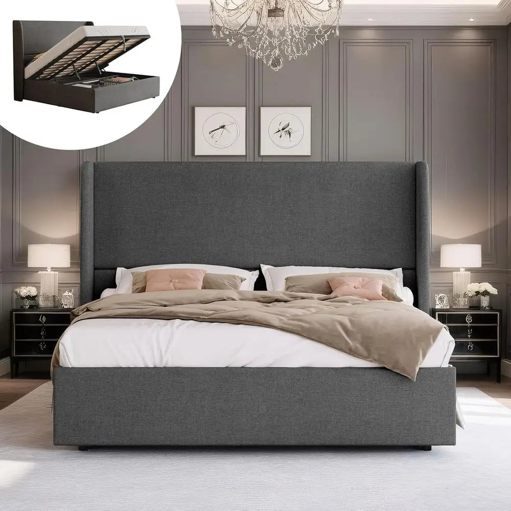 King Size Lit Storage Bed with 51.2 Wingback, Linen Upholstered, Hydraulic Lift, Metal Frame, No Box Spring Needed, Grey
