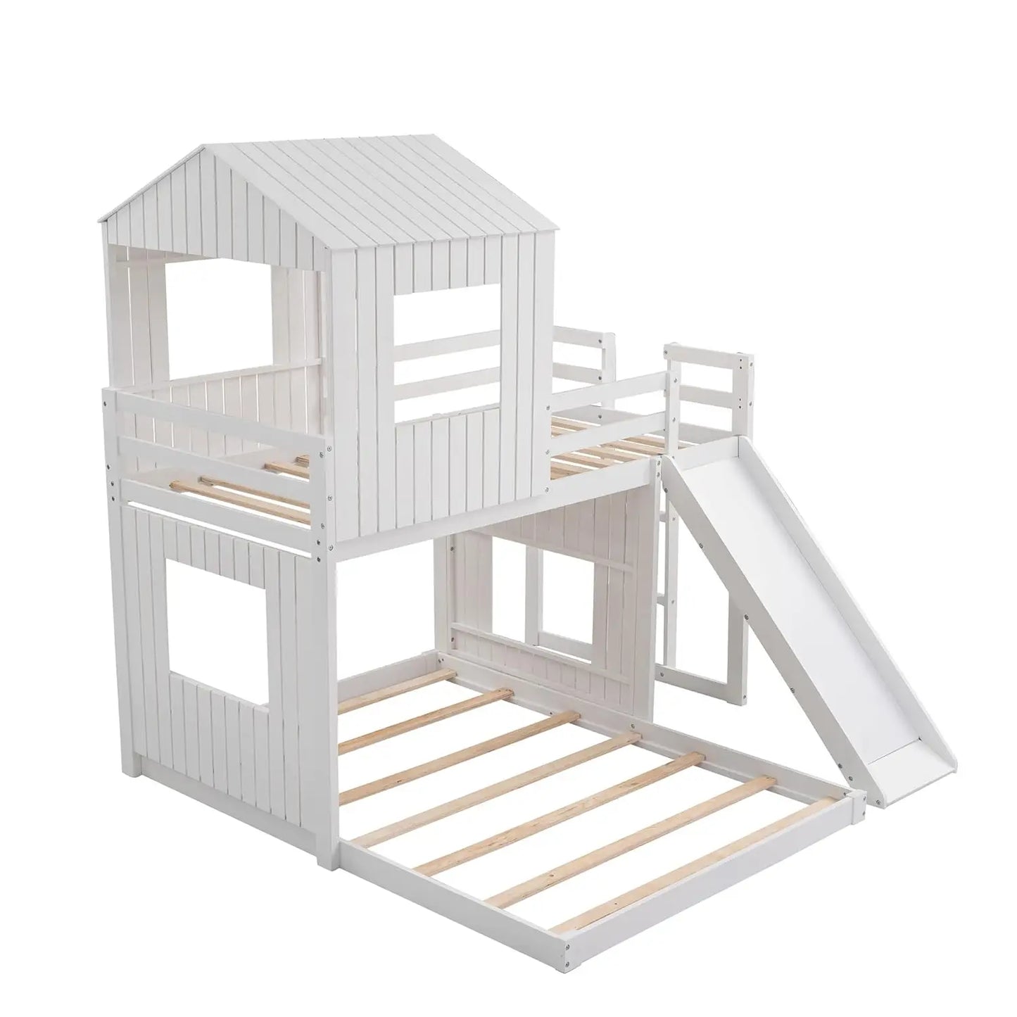 Wooden Twin Over Full Bunk Bed with Slide, Loft Bed Frame with Playhouse, Farmhouse, Ladder and Guardrails for, Customized