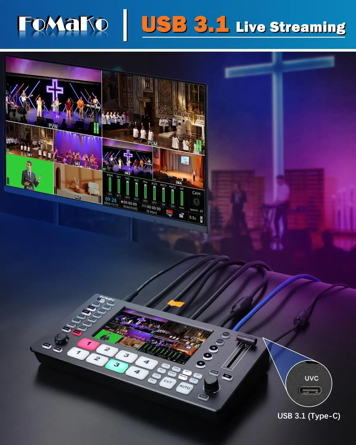 FoMaKo AI Auto Tracking HDMI PTZ Camera, 20x Optical Zoom(3pcs), M3 Video Mixer Switcher+KC608 NDI PTZ Controller for Church