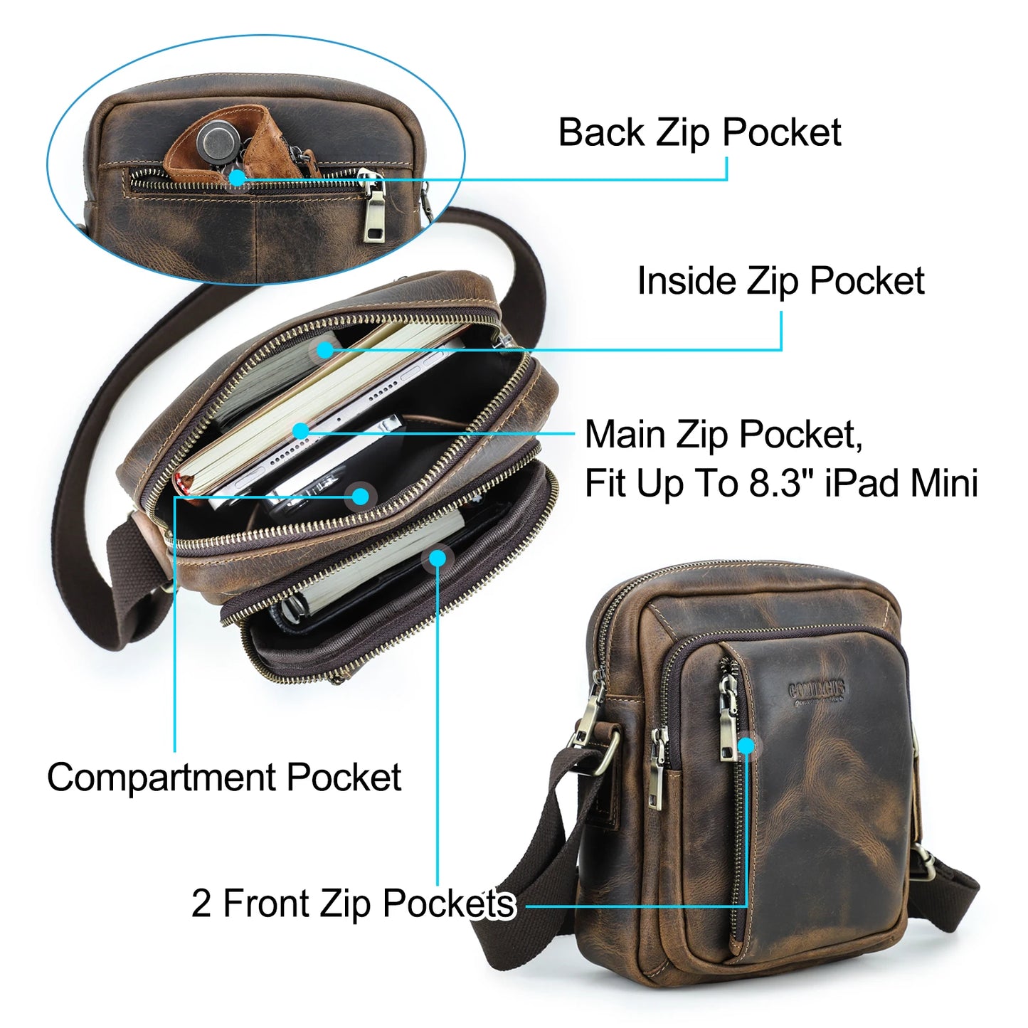 CONTACT'S Genuine Leather Sling Shoulder Bags for Men Vintage Small Messenger Bags Crossbody Bag Men's Bags for 8.3" iPad Mini