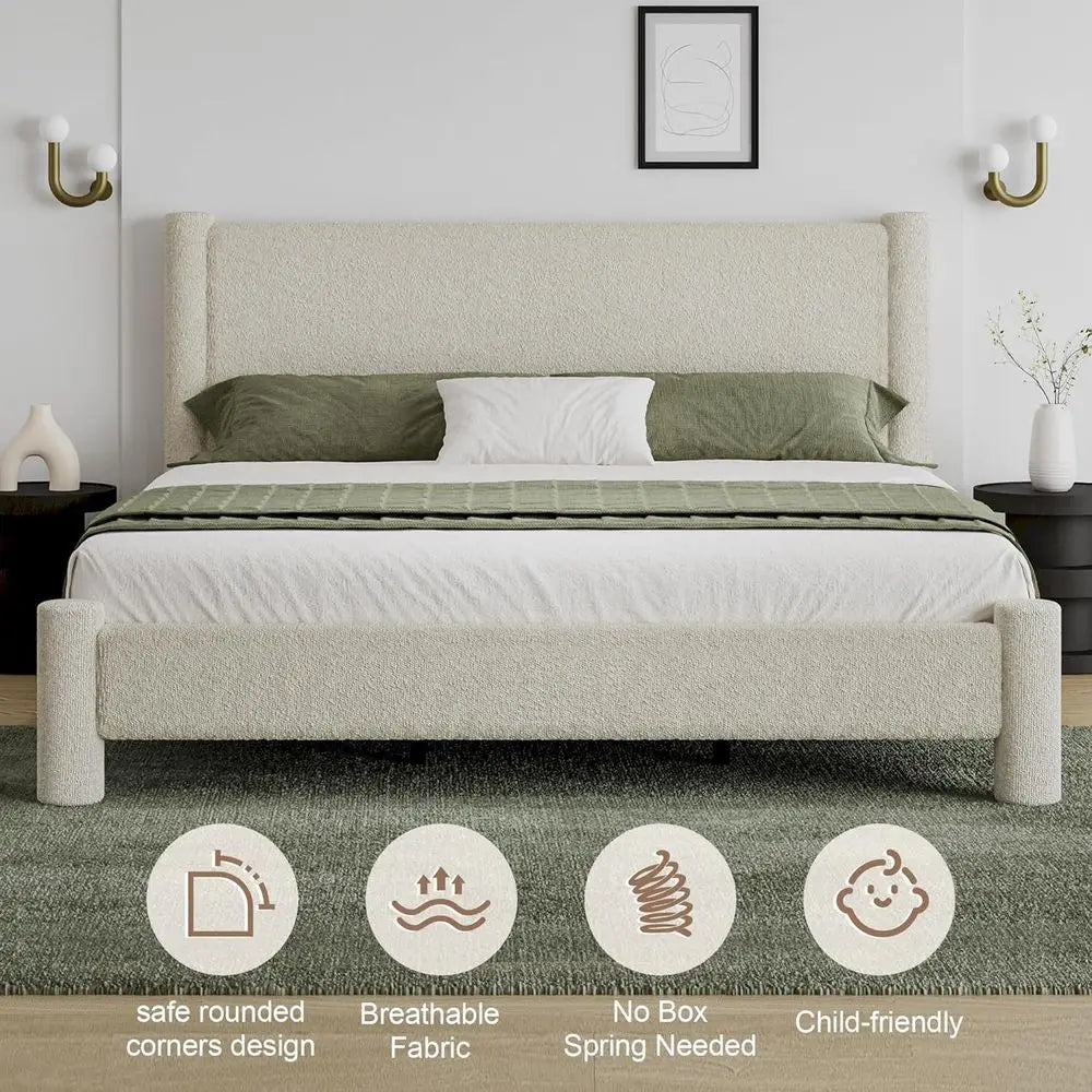 King Size Bed Frame with Tufted Headboard, Rounded Corner Upholstered Platform Bed Frame, No Box Spring Needed, Simple Assembly,