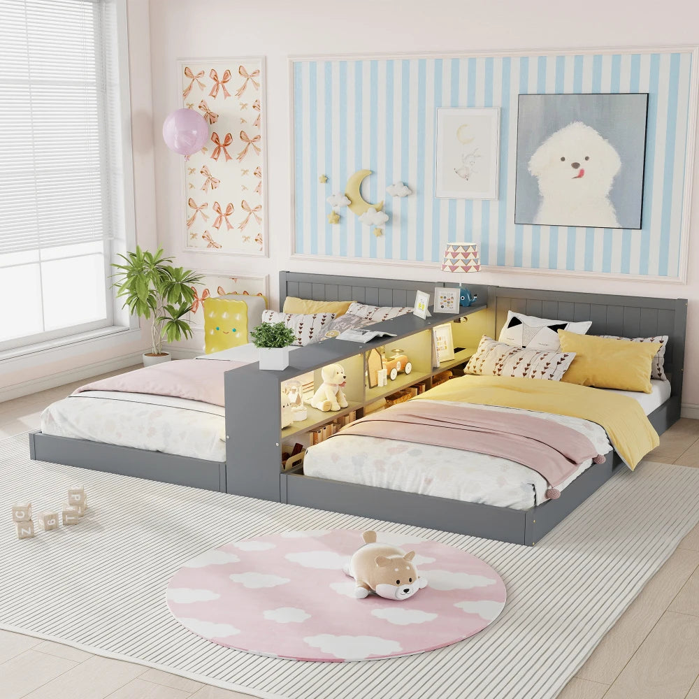 Double Twin Size Bed Frame with Storage,Twin Floor Bed with Light & Charging Station, Convertible 2 Twin Beds for 2 Kids,Gray