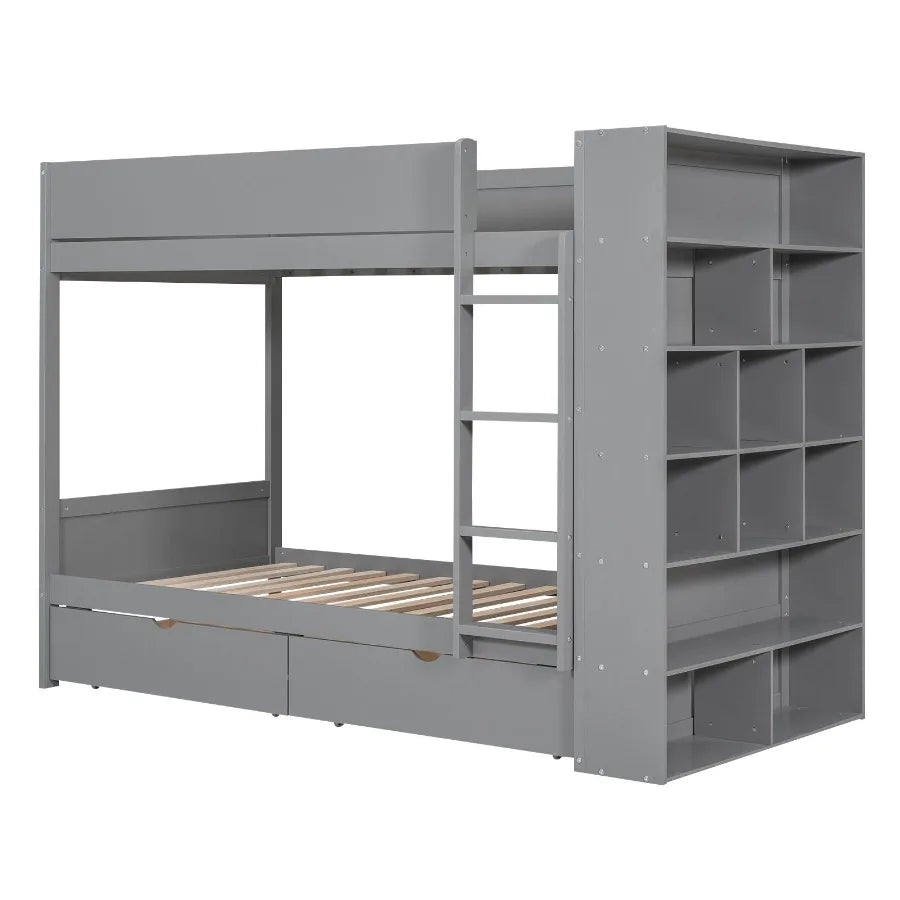 Twin over Twin Bunk Bed With 2 Drawers and Multi-layer Cabinet Gray