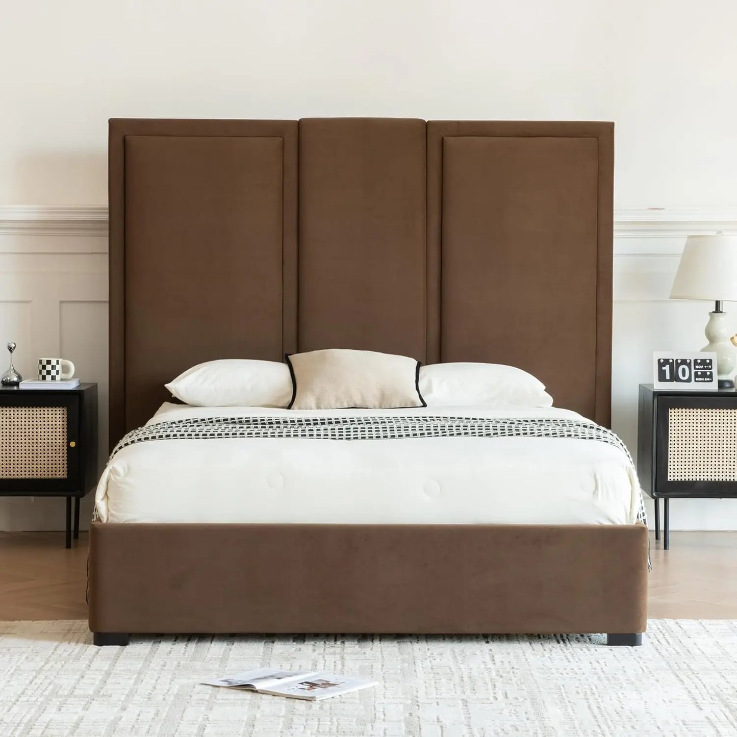 Queen Size Upholstered Platform Bed Frame with 64in High Headboard Storage Drawers Wood Slat Support Noise Free Brown Customized