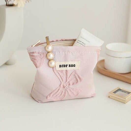 Women's Makeup Bag Small Pink Bow Makeup Lipstick Headphones Storage Bag Portable Coin Purse Commuter Card Holder Ins Style